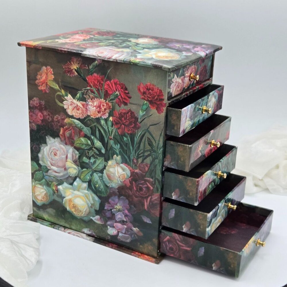 Floral Decoupage Jewelry Box | 6-Drawer Paper Mache Organizer | Cottagecore